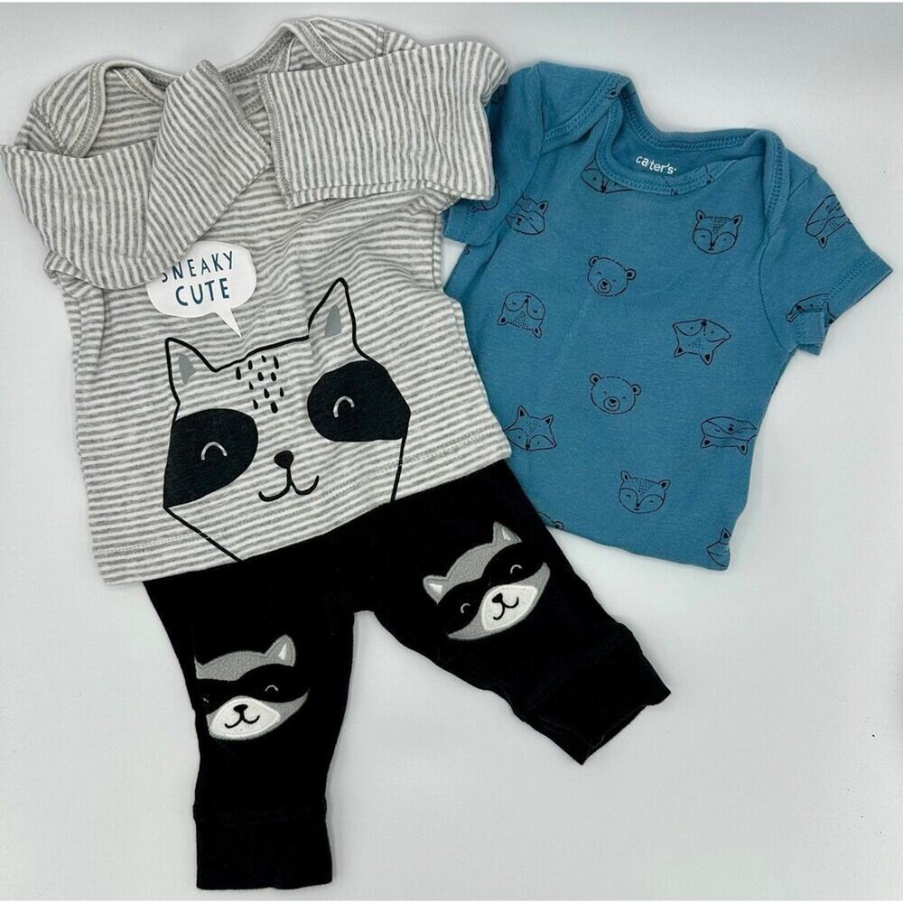 Carter's 3-Piece Racoon Outfit Size 3 Month Stripe Black White Blue (931)